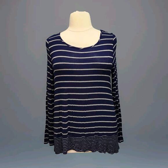 BCBGMaxAzria Long Sleeve Navy Blue Gray Striped Knit Top Size XL - Picture 1 of 11